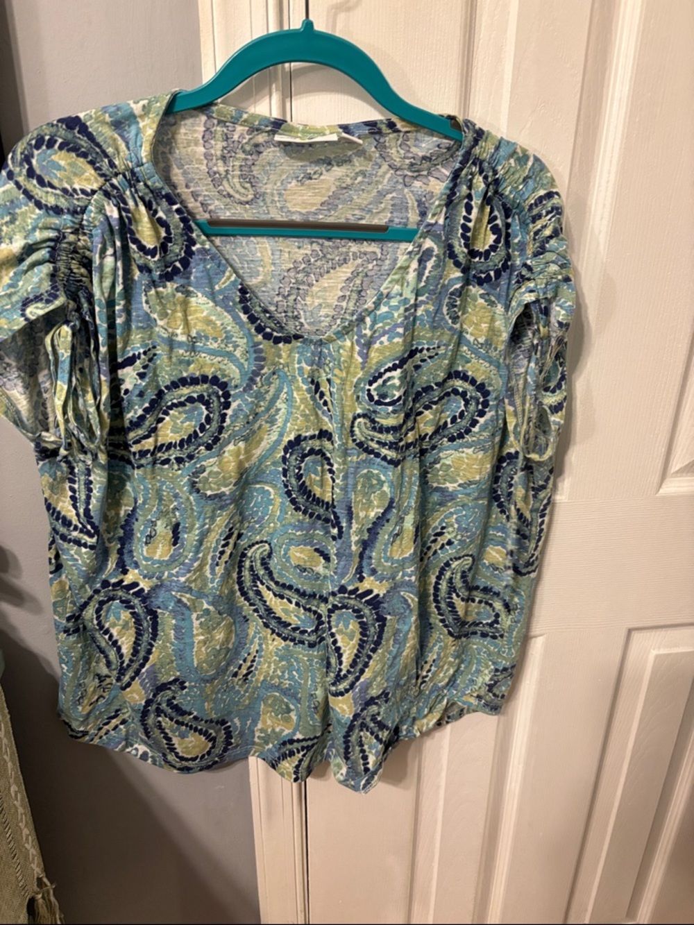 Paisley-Print Scoop Neck Long Sleeve Top in Blue & Green